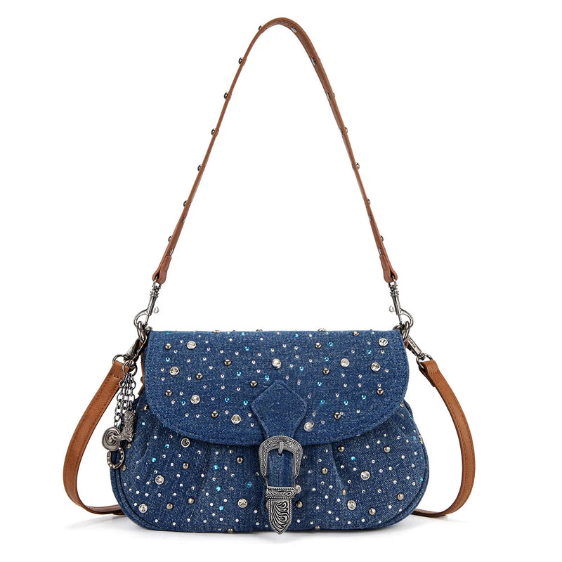 Load image into Gallery viewer, WG458-818DJN - Wrangler Dark Jean Western Rhinestone Flap Crossbody Shoulder Bag
