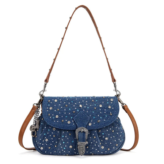 WG458-818DJN - Wrangler Dark Jean Western Rhinestone Flap Crossbody Shoulder Bag