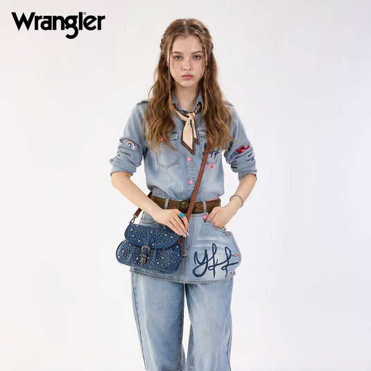 WG458-818DJN - Wrangler Dark Jean Western Rhinestone Flap Crossbody Shoulder Bag