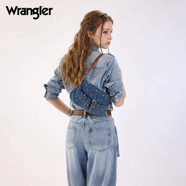 Load image into Gallery viewer, WG458-818DJN - Wrangler Dark Jean Western Rhinestone Flap Crossbody Shoulder Bag
