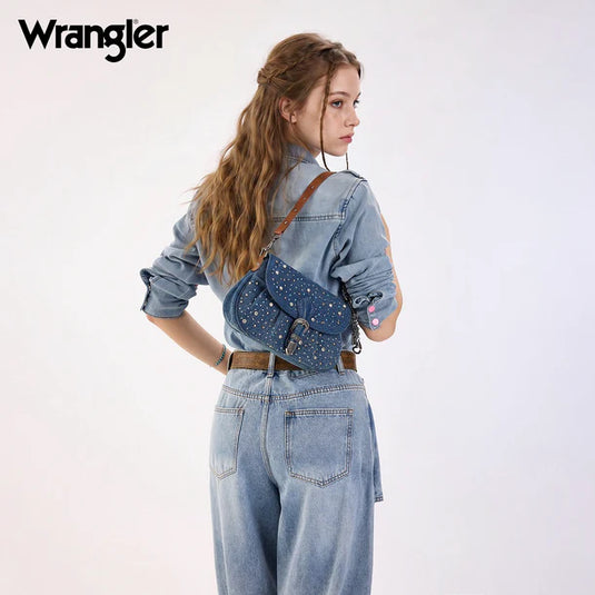 WG458-818DJN - Wrangler Dark Jean Western Rhinestone Flap Crossbody Shoulder Bag