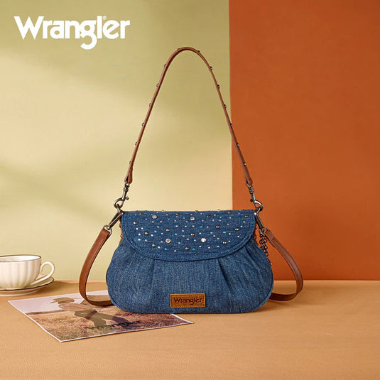 WG458-818DJN - Wrangler Dark Jean Western Rhinestone Flap Crossbody Shoulder Bag