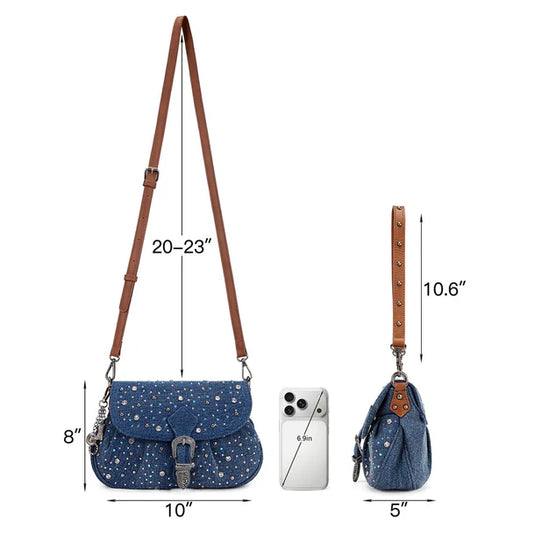 WG458-818DJN - Wrangler Dark Jean Western Rhinestone Flap Crossbody Shoulder Bag