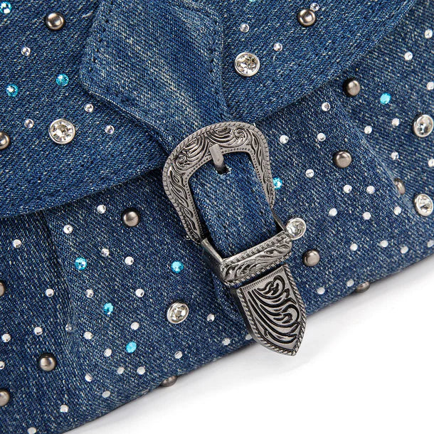 Load image into Gallery viewer, WG458-818DJN - Wrangler Dark Jean Western Rhinestone Flap Crossbody Shoulder Bag
