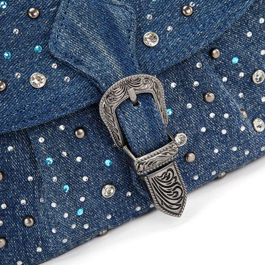 WG458-818DJN - Wrangler Dark Jean Western Rhinestone Flap Crossbody Shoulder Bag