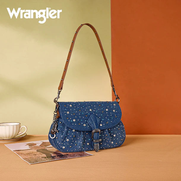 Load image into Gallery viewer, WG458-818DJN - Wrangler Dark Jean Western Rhinestone Flap Crossbody Shoulder Bag
