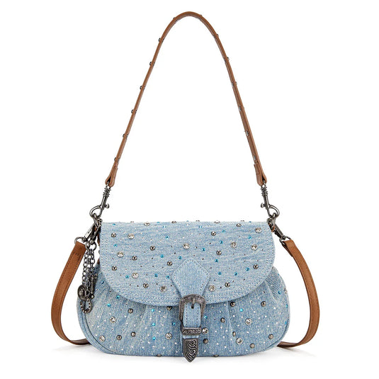 WG458-818JN - Wrangler Jean Western Rhinestone Denim Flap Crossbody Shoulder Bag