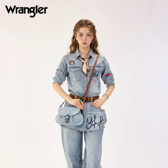 WG458-818JN - Wrangler Jean Western Rhinestone Denim Flap Crossbody Shoulder Bag