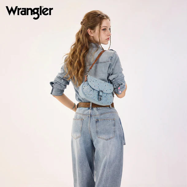 Load image into Gallery viewer, WG458-818JN - Wrangler Jean Western Rhinestone Denim Flap Crossbody Shoulder Bag
