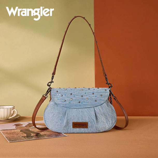 Load image into Gallery viewer, WG458-818JN - Wrangler Jean Western Rhinestone Denim Flap Crossbody Shoulder Bag
