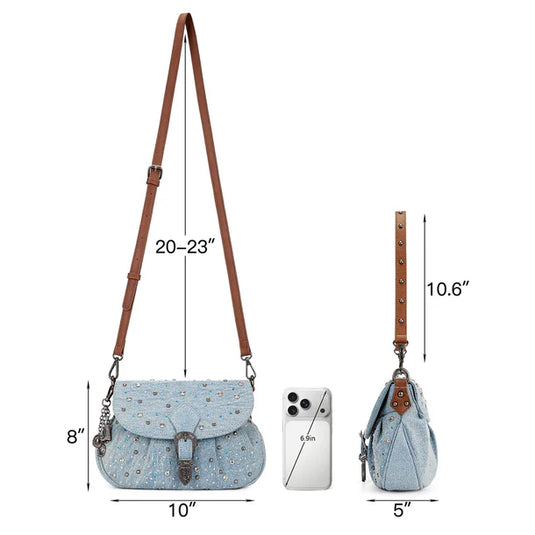 WG458-818JN - Wrangler Jean Western Rhinestone Denim Flap Crossbody Shoulder Bag