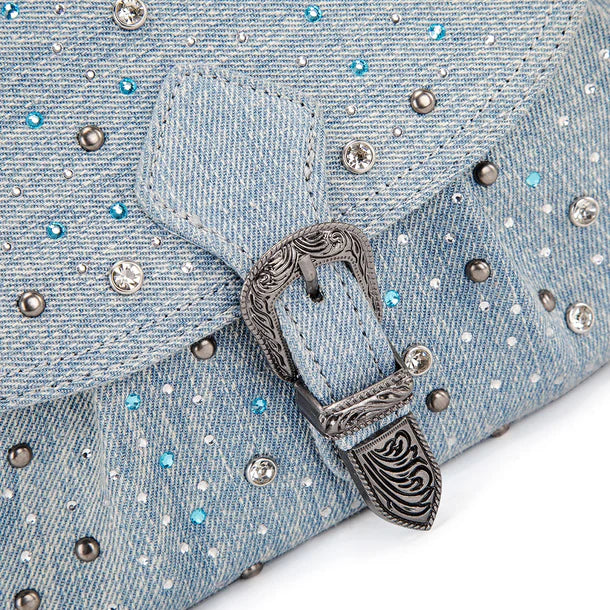 Load image into Gallery viewer, WG458-818JN - Wrangler Jean Western Rhinestone Denim Flap Crossbody Shoulder Bag
