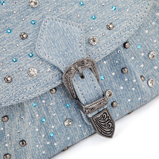 WG458-818JN - Wrangler Jean Western Rhinestone Denim Flap Crossbody Shoulder Bag