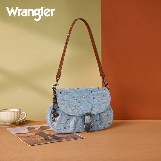 WG458-818JN - Wrangler Jean Western Rhinestone Denim Flap Crossbody Shoulder Bag