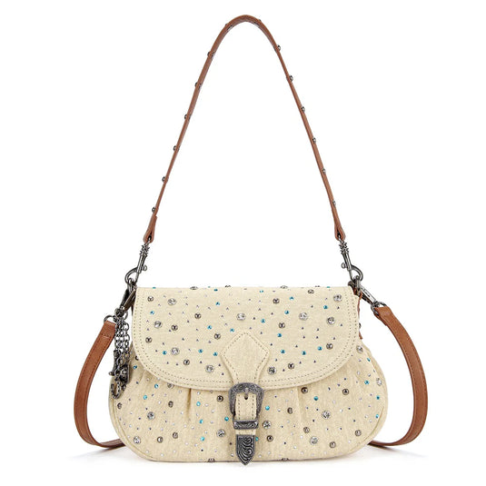 WG458-818TN - Wrangler Tan Western Rhinestone Denim Flap Crossbody Shoulder Bag