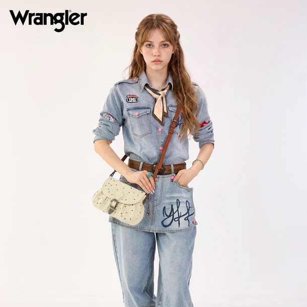 Load image into Gallery viewer, WG458-818TN - Wrangler Tan Western Rhinestone Denim Flap Crossbody Shoulder Bag
