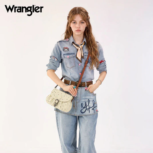 WG458-818TN - Wrangler Tan Western Rhinestone Denim Flap Crossbody Shoulder Bag