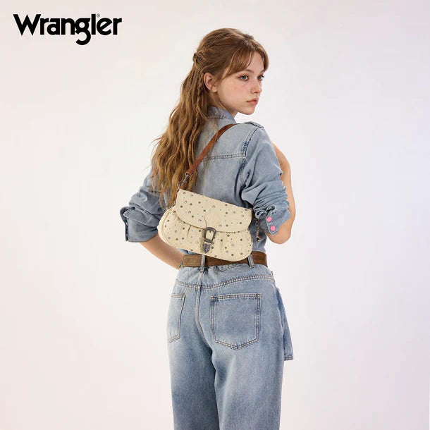 Load image into Gallery viewer, WG458-818TN - Wrangler Tan Western Rhinestone Denim Flap Crossbody Shoulder Bag
