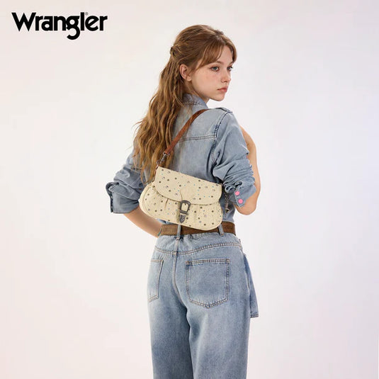 WG458-818TN - Wrangler Tan Western Rhinestone Denim Flap Crossbody Shoulder Bag