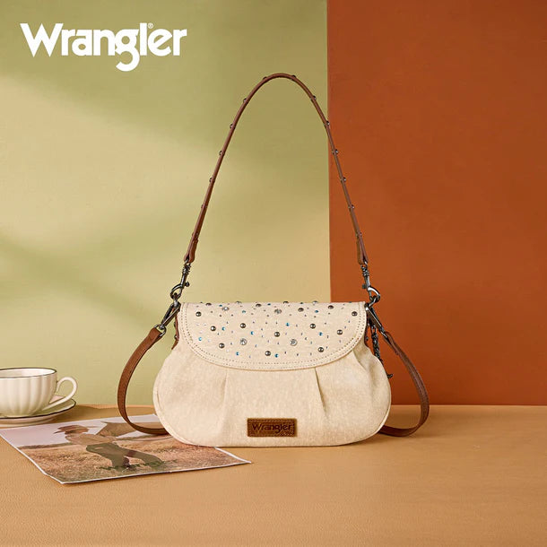 Load image into Gallery viewer, WG458-818TN - Wrangler Tan Western Rhinestone Denim Flap Crossbody Shoulder Bag
