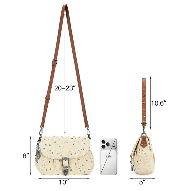 Load image into Gallery viewer, WG458-818TN - Wrangler Tan Western Rhinestone Denim Flap Crossbody Shoulder Bag
