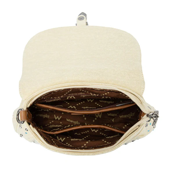 Load image into Gallery viewer, WG458-818TN - Wrangler Tan Western Rhinestone Denim Flap Crossbody Shoulder Bag
