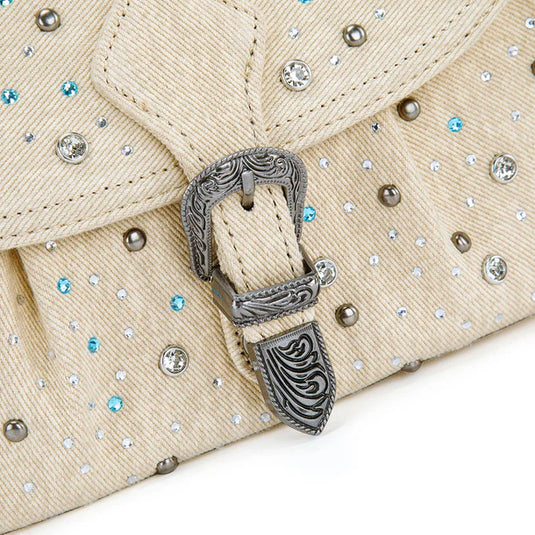 WG458-818TN - Wrangler Tan Western Rhinestone Denim Flap Crossbody Shoulder Bag