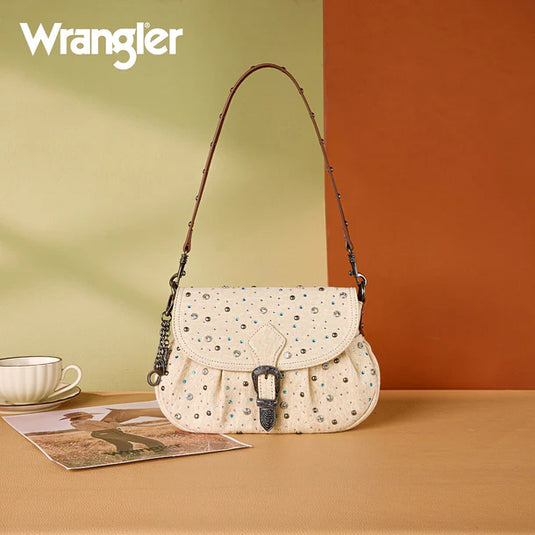 WG458-818TN - Wrangler Tan Western Rhinestone Denim Flap Crossbody Shoulder Bag