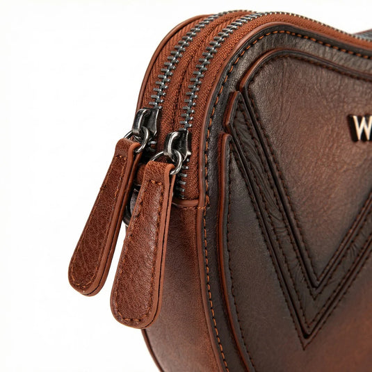 WG480-520BR - Wrangler Heart Shaped Chevron Stitch Crossbody Bag - Brown