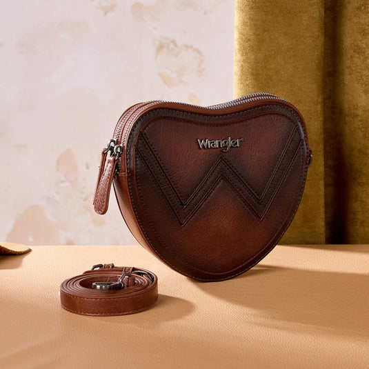 WG480-520BR - Wrangler Heart Shaped Chevron Stitch Crossbody Bag - Brown