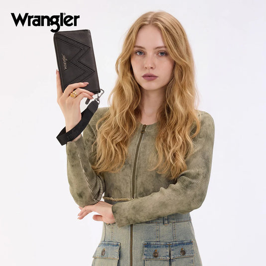 WG480-W006BK - Wrangler Chevron Stitch Zip Around Wristlet Wallet - Black