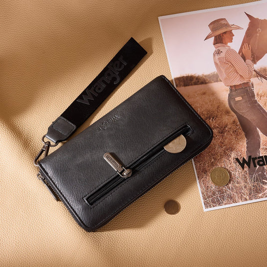 WG480-W006BK - Wrangler Chevron Stitch Zip Around Wristlet Wallet - Black