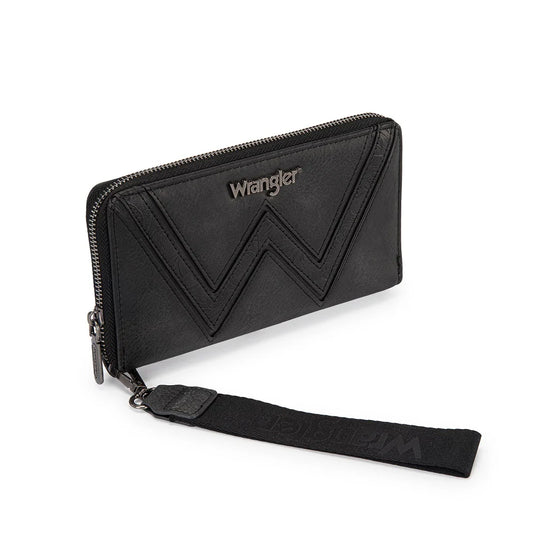WG480-W006BK - Wrangler Chevron Stitch Zip Around Wristlet Wallet - Black