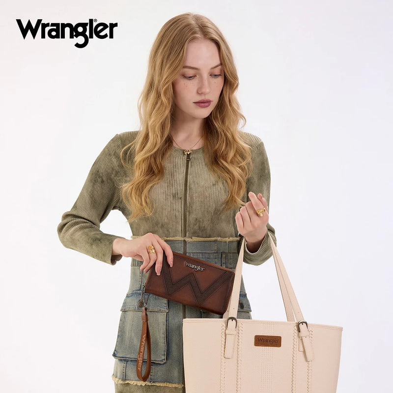 Load image into Gallery viewer, WG480-W006BR - Wrangler Chevron Stitch Zip Around Wristlet Wallet - Brown
