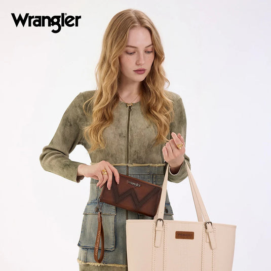 WG480-W006BR - Wrangler Chevron Stitch Zip Around Wristlet Wallet - Brown