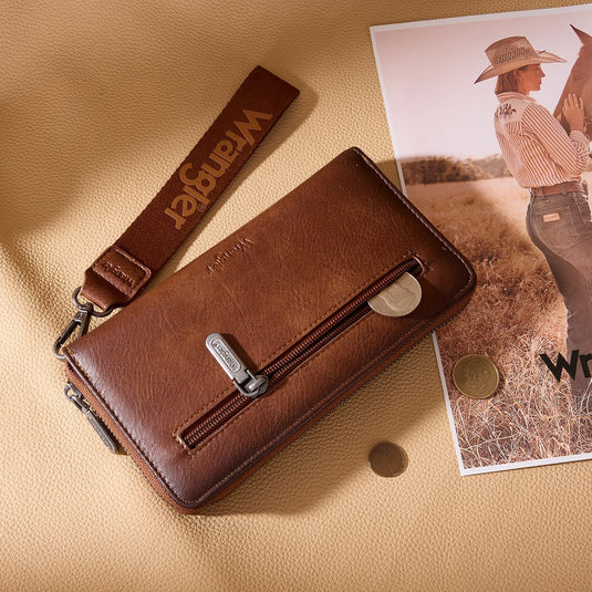 WG480-W006BR - Wrangler Chevron Stitch Zip Around Wristlet Wallet - Brown