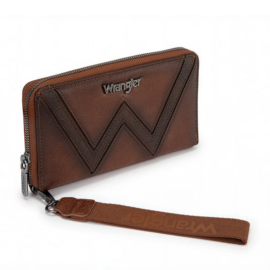 WG480-W006BR - Wrangler Chevron Stitch Zip Around Wristlet Wallet - Brown