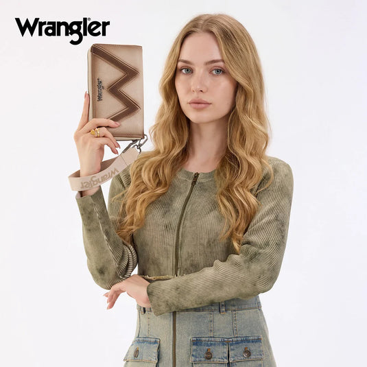 WG480-W006TN - Wrangler Chevron Stitch Zip Around Wristlet Wallet - Tan