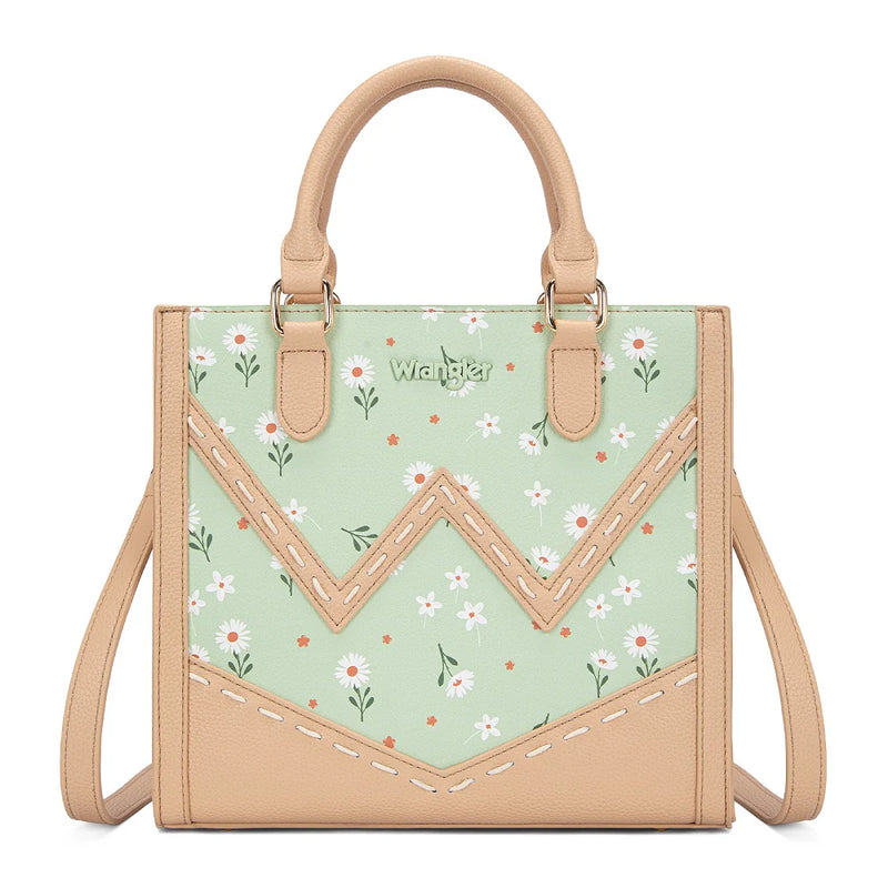 Load image into Gallery viewer, WG481-8126GN - Wrangler Daisy Print Chevron Tote Crossbody Bag - Green
