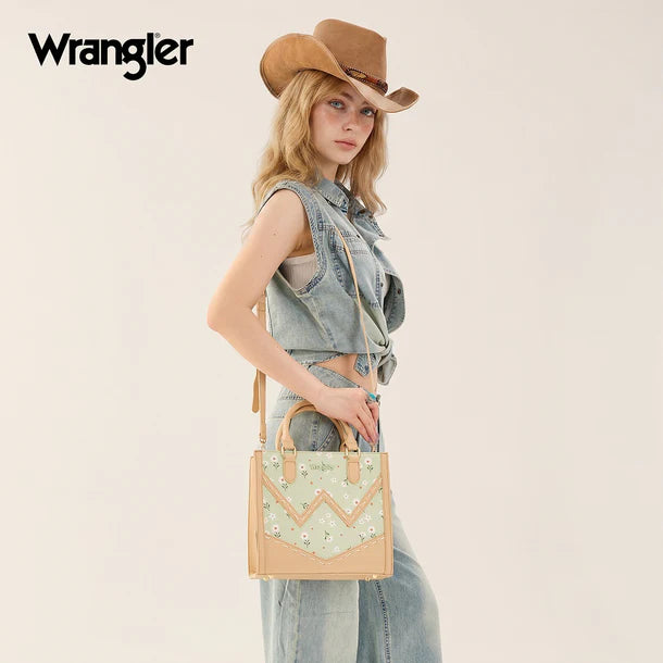 Load image into Gallery viewer, WG481-8126GN - Wrangler Daisy Print Chevron Tote Crossbody Bag - Green
