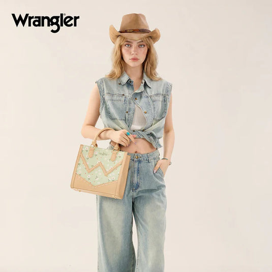WG481-8126GN - Wrangler Daisy Print Chevron Tote Crossbody Bag - Green