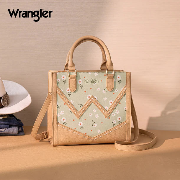 Load image into Gallery viewer, WG481-8126GN - Wrangler Daisy Print Chevron Tote Crossbody Bag - Green
