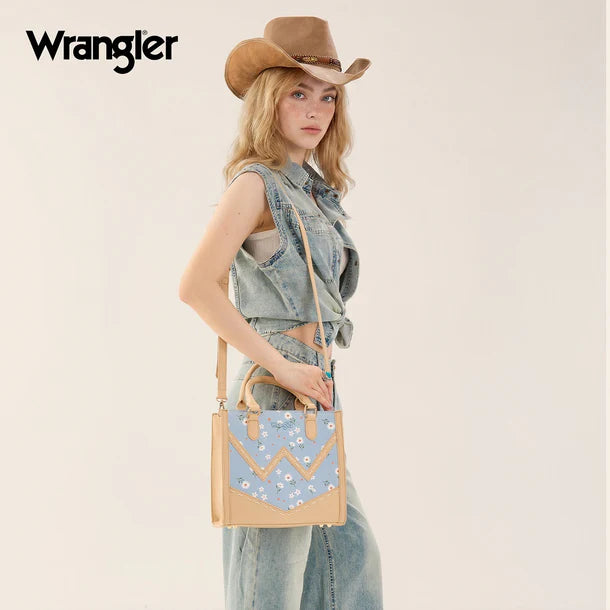 Load image into Gallery viewer, WG481-8126JN - Wrangler Daisy Print Chevron Tote Crossbody Bag - Jean
