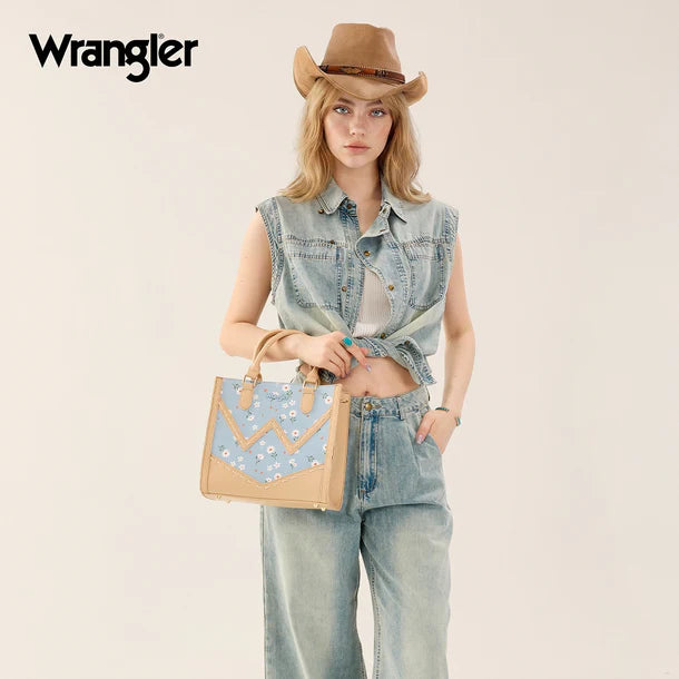 Load image into Gallery viewer, WG481-8126JN - Wrangler Daisy Print Chevron Tote Crossbody Bag - Jean
