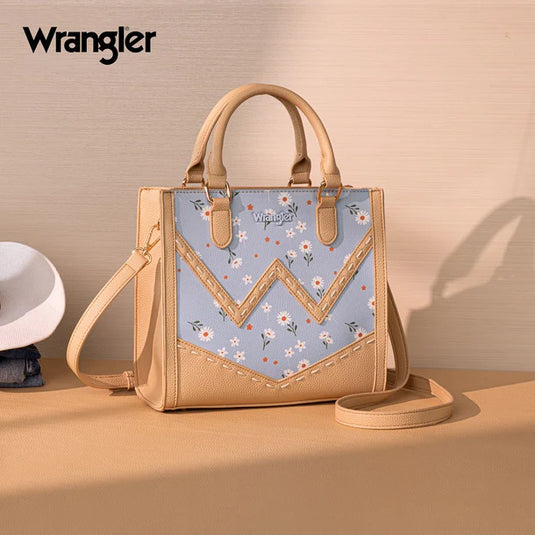 WG481-8126JN - Wrangler Daisy Print Chevron Tote Crossbody Bag - Jean