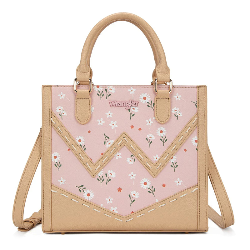 Load image into Gallery viewer, WG481-8126PK - Wrangler Daisy Print Chevron Tote Crossbody Bag - Pink
