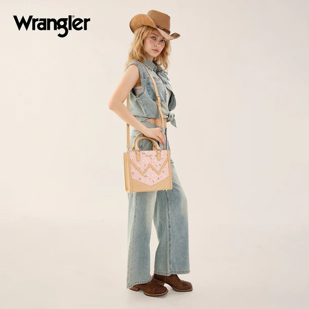Load image into Gallery viewer, WG481-8126PK - Wrangler Daisy Print Chevron Tote Crossbody Bag - Pink
