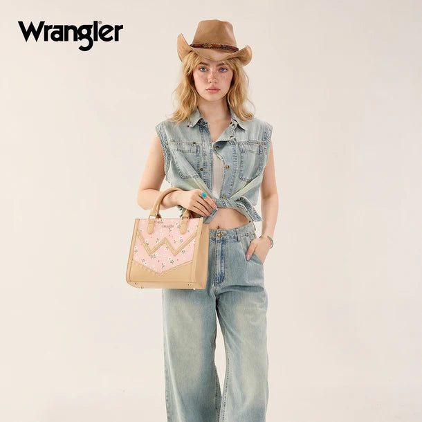 Load image into Gallery viewer, WG481-8126PK - Wrangler Daisy Print Chevron Tote Crossbody Bag - Pink
