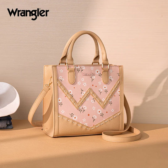 WG481-8126PK - Wrangler Daisy Print Chevron Tote Crossbody Bag - Pink