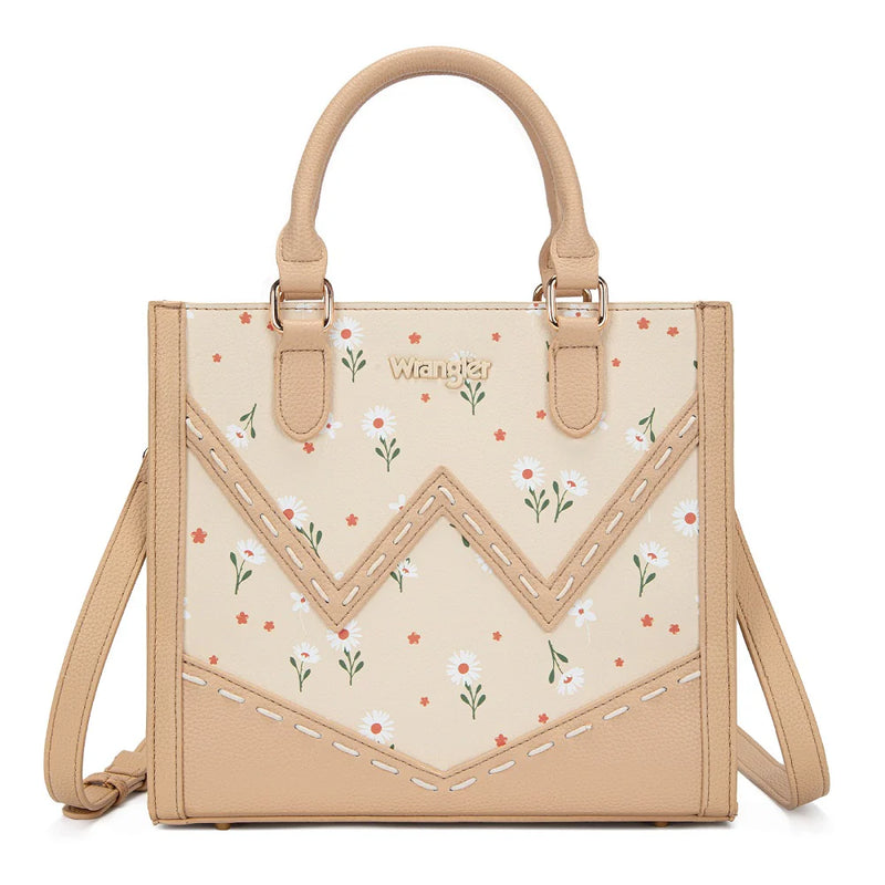 Load image into Gallery viewer, WG481-8126TN - Wrangler Daisy Print Chevron Tote Crossbody Bag - Tan
